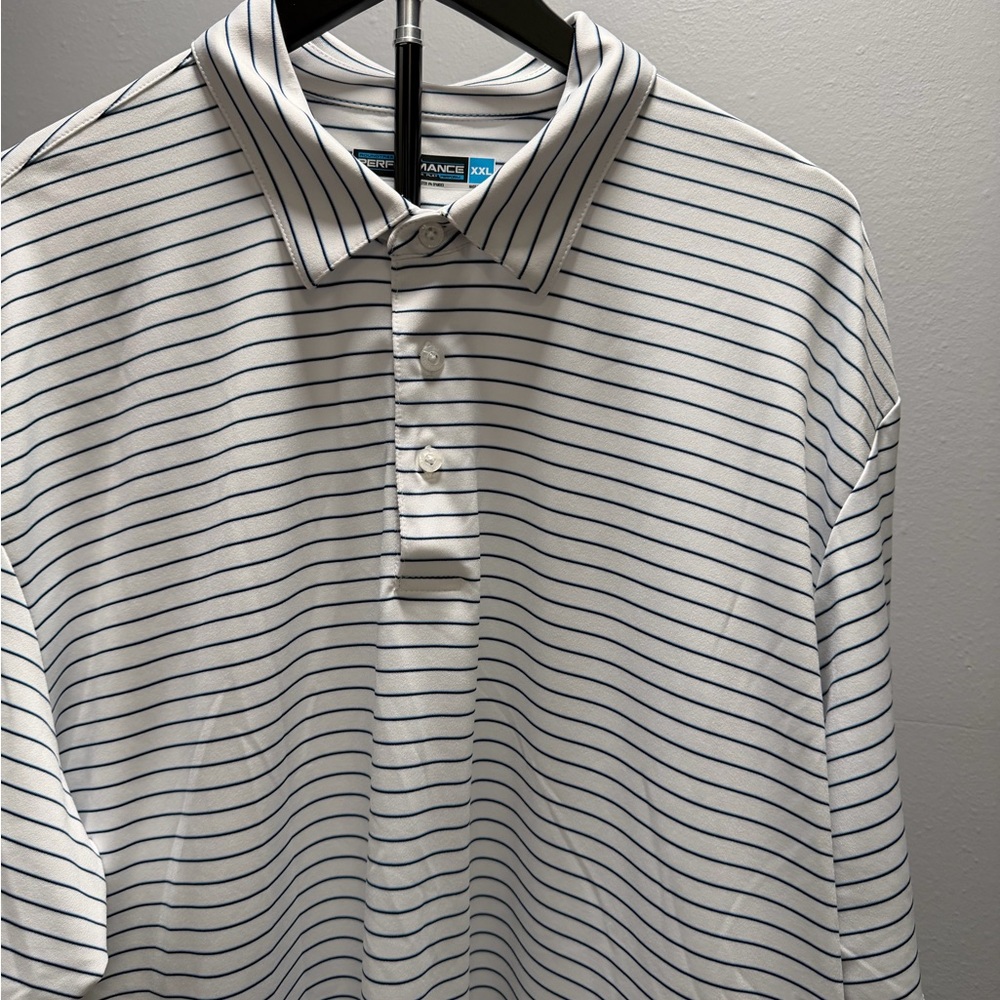 Roundtree & Yorke White and Blue Striped Performance Polo